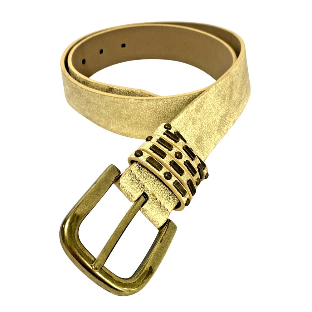 Calvin Klein Jeans Belt Size S Cream Leather Burnished Gold Metallic Buckle 90s